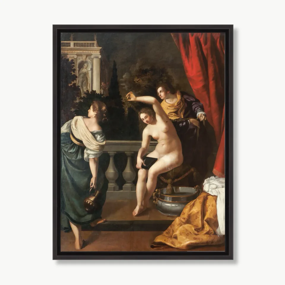Escena de baño clásica con figuras y balaustrada