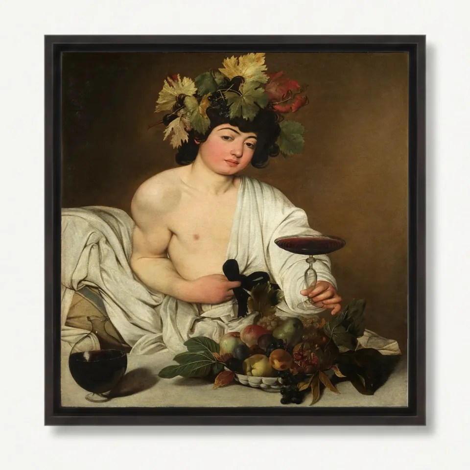 Klassisches Porträt des Bacchus mit Wein und Obst