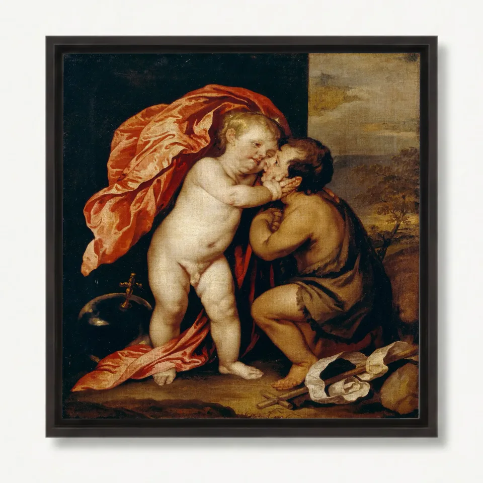 Pintura a óleo clássica de criança e figura ajoelhada com drapejado vermelho