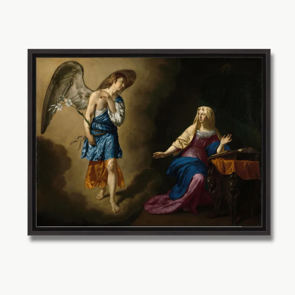 Pintura clásica de un ángel y una mujer sentada