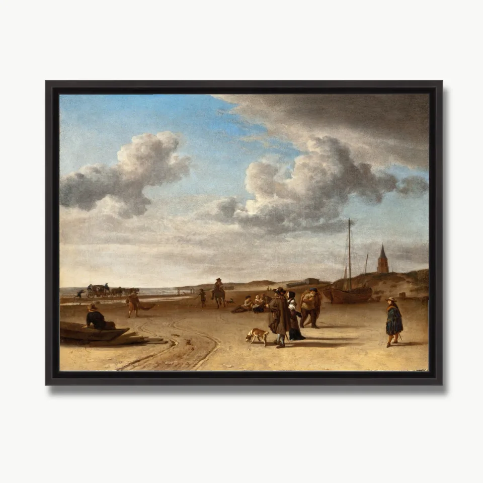 Paisaje marino holandés con figuras y barcos